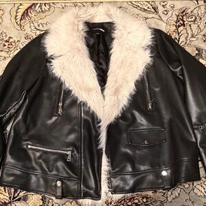 Black Leather Jacket with Cream Fur Collar